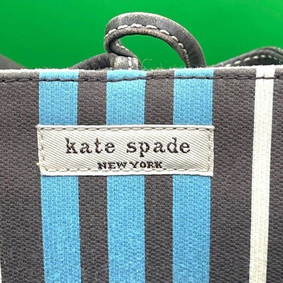 Kate Spade NY Striped Canvas Tote Bag Blue Brown White Leather Handles Italy VTG - Picture 6 of 15